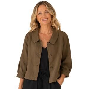 Theory Crop Jacket Womens Size 4 Taupe Brown Linen Wool Blend Earthy Button